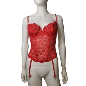 Vintage 80's LILY OF FRANCE Red Lace Underwire Bustier Corset with Garters 36C